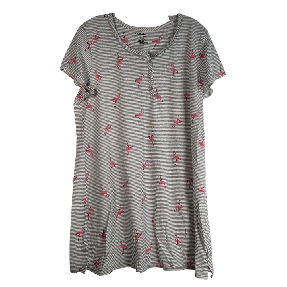 Croft & Barrow Size XL Gray Stripe Pink Flamingo Nightgown Sleep Shirt